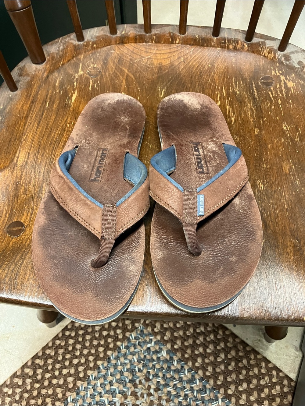 Hair Mari Men's Brown Leather Flip-Flop Sandals with Blue Lining